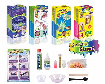 Laboratorio de slime brillante con accesorios en caja