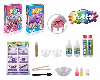 Laboratorio de slime brillante con accesorios en caja